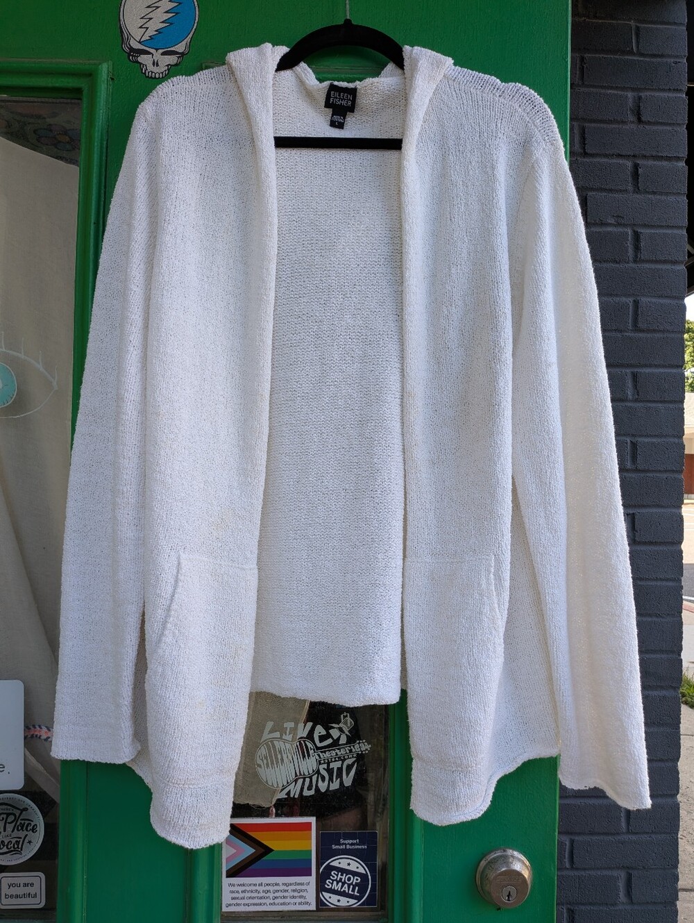 Eileen Fisher Cream Hooded Open-Front Cardigan, Cotton Boucle Knit, L